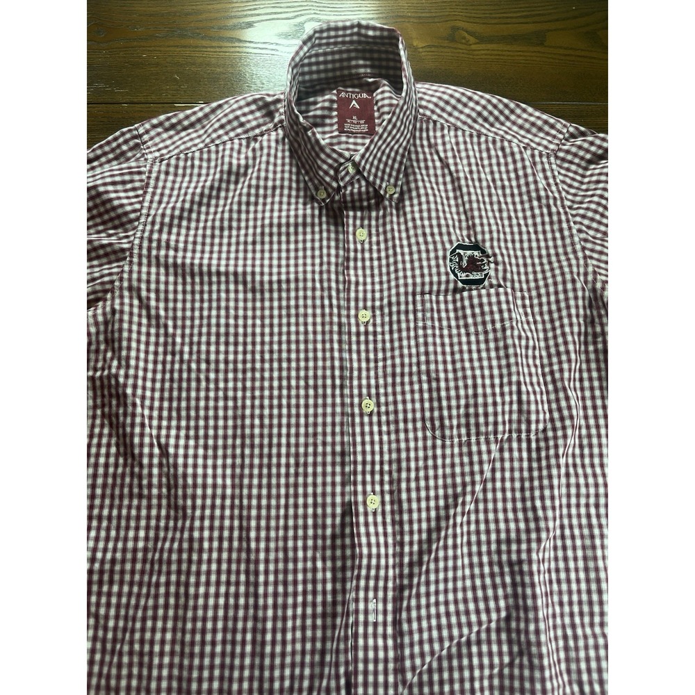 Antigua South Carolina Gamecocks Shirt Mens SS XL Red White Plaid Button Up READ